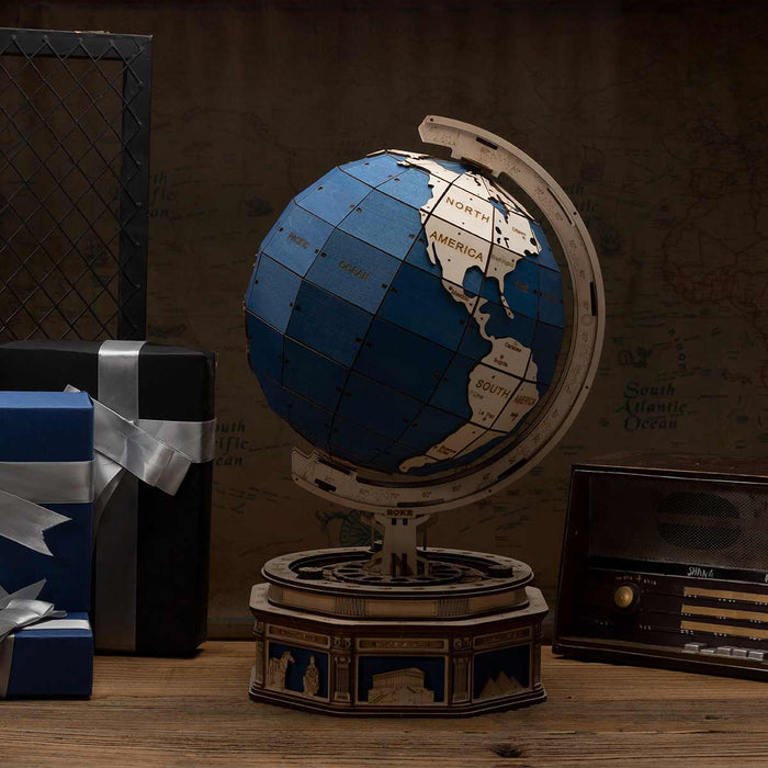 Robotime 3D DIY Wooden Globe Desk Globe Model with Password Protected Lockers