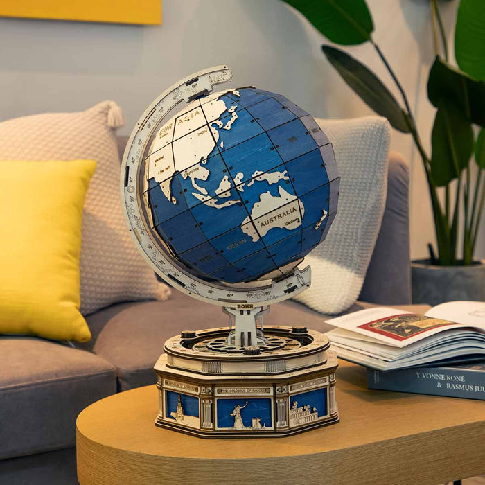 Robotime 3D DIY Wooden Globe Desk Globe Model with Password Protected Lockers